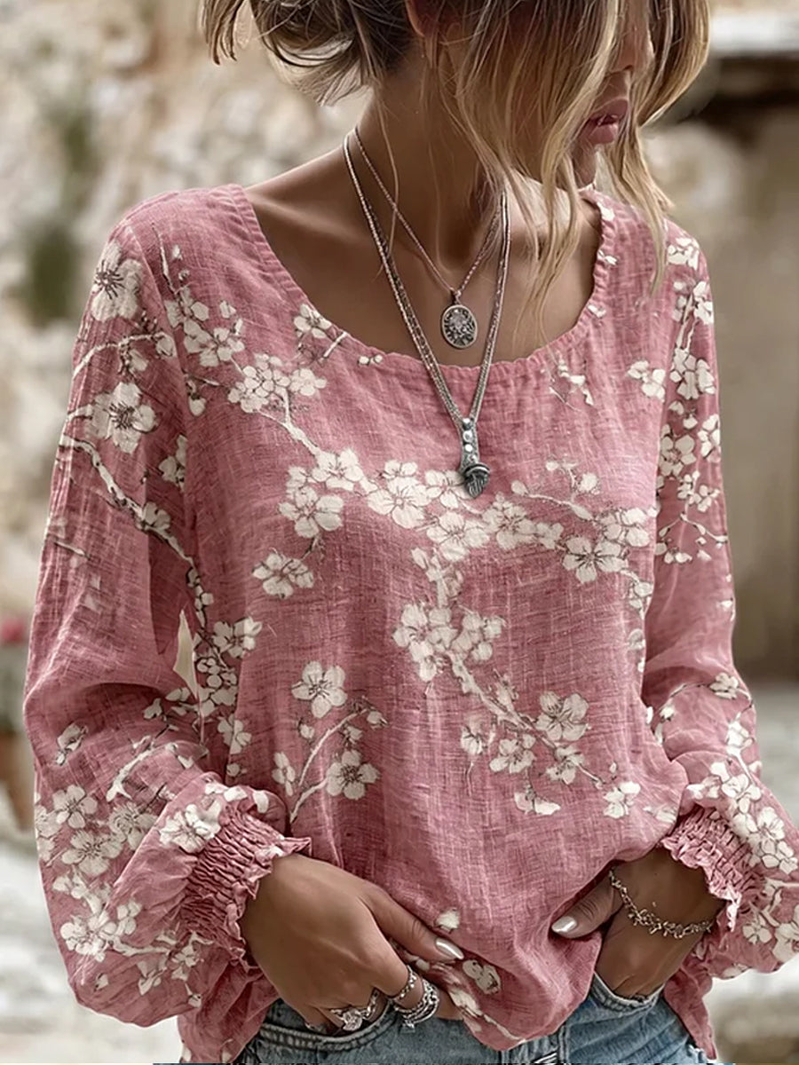 Women's Vintage Floral Art Print Casual Cotton-Linen Top