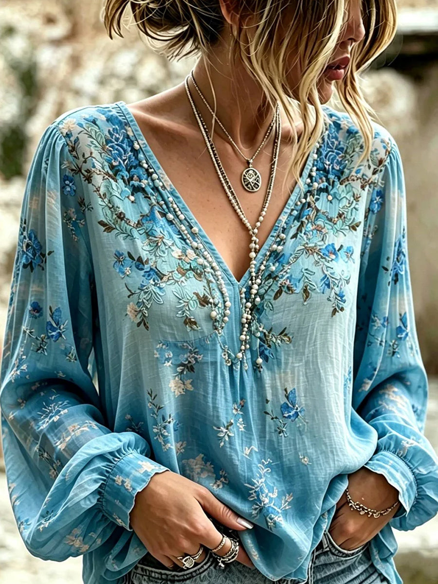 Women's Vintage Floral Art Print Casual Cotton-Linen Top