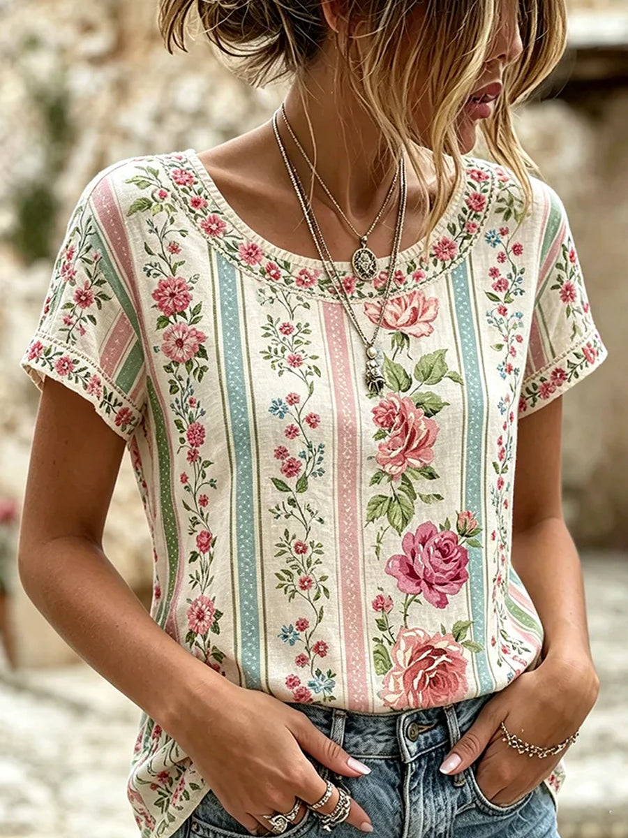 Women's Vintage Floral Art Print Casual Top