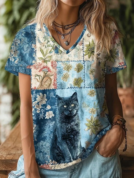 Women's Cat Art Print Casual T-shirt