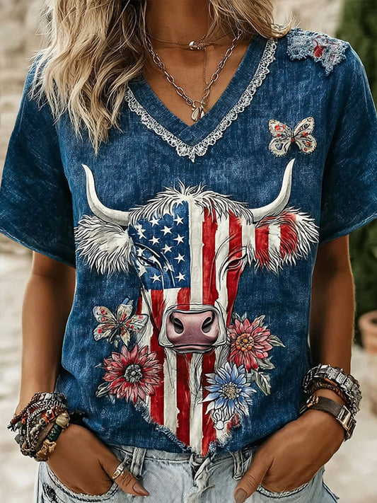 Women's American Flag Highland Cow Print Casual T-Shirt