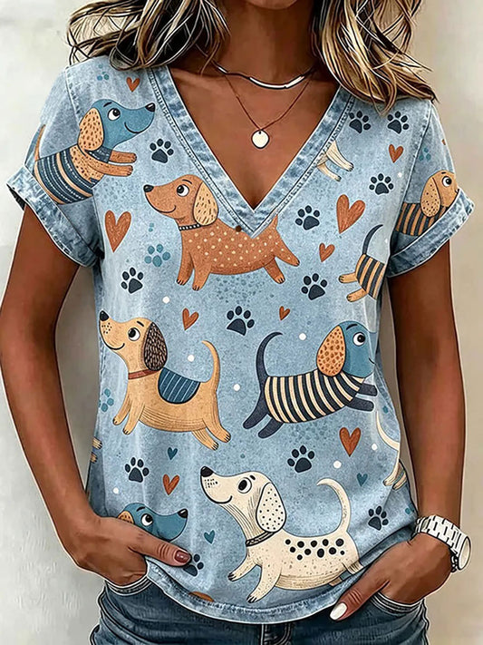 Women's Dog Art Print Casual T-shirt