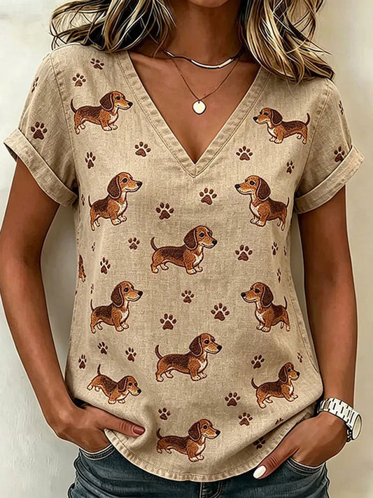 Women's Dog Art Print Casual T-shirt