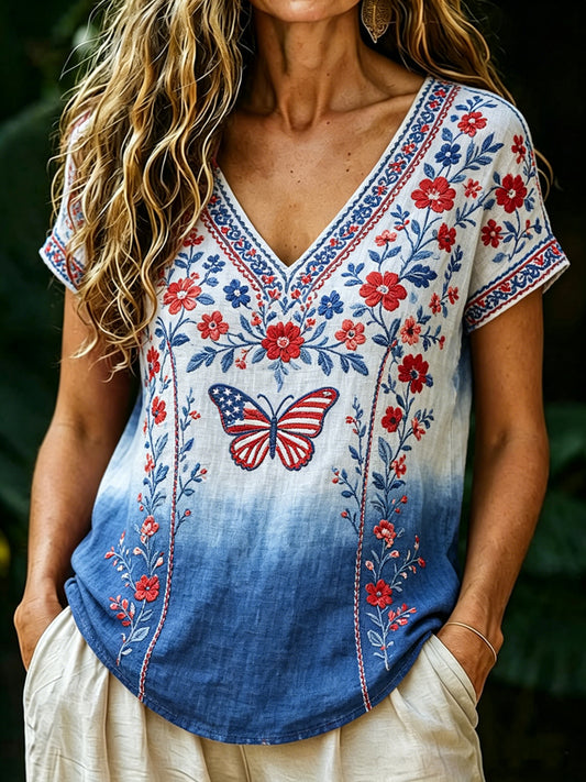 Women's Independence Day Printed Vintage Fashion Loose Short Sleeve T-Shirt