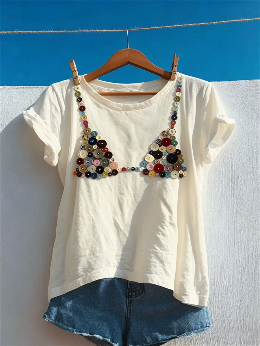 Women's Vintage Bikini Buttons Art Print short-sleeved T-shirt