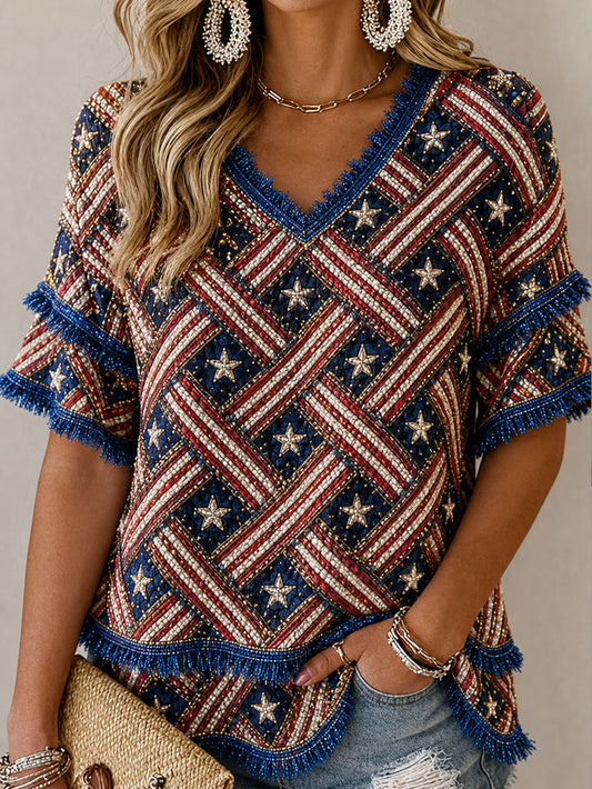 Women's 4th of July Independence Day Art Printed Linen Tops