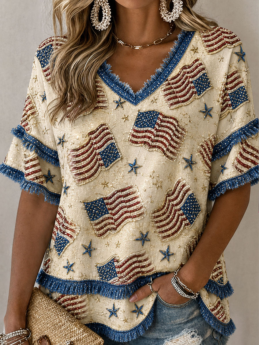 Women's 4th of July Independence Day Art Printed Linen Tops