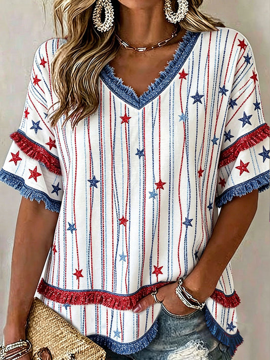 Women's 4th of July Independence Day Art Printed Linen Tops
