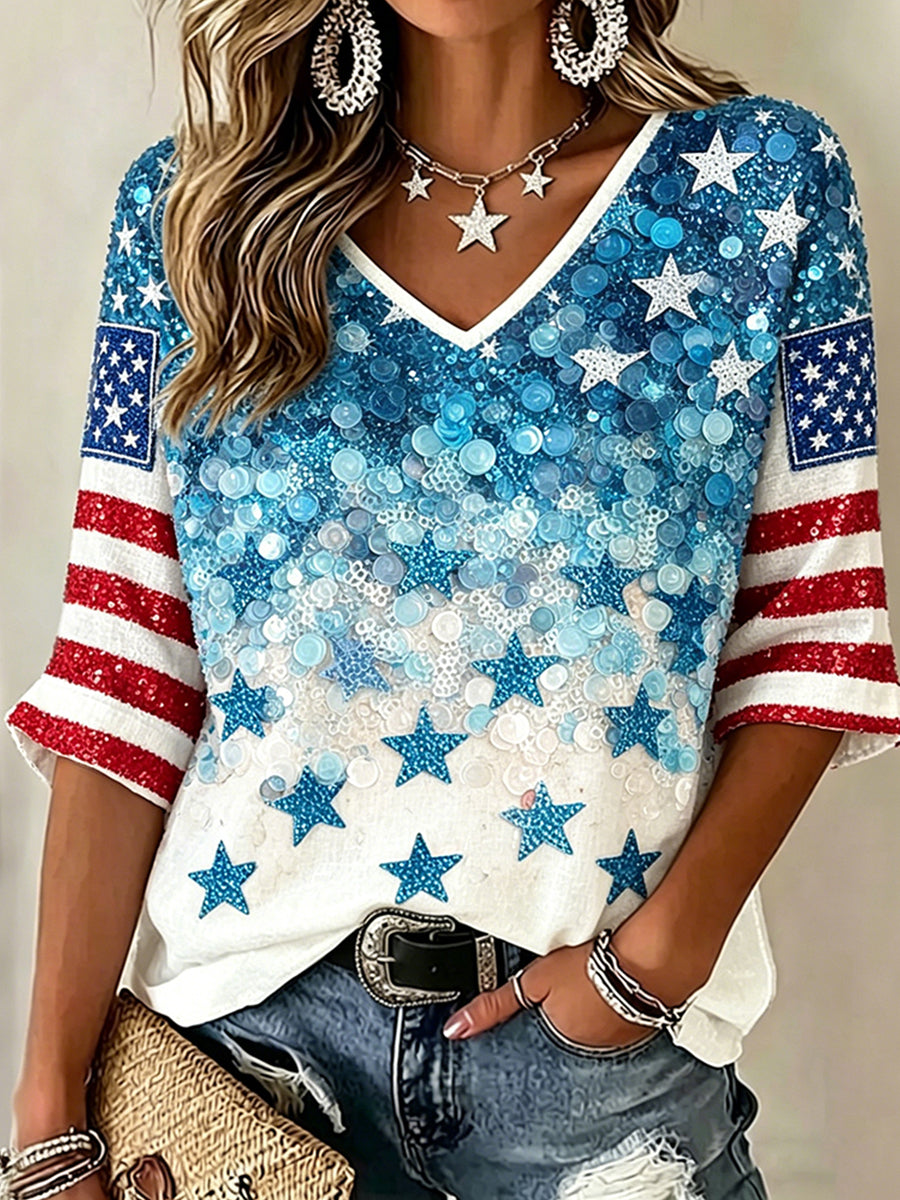 Women's American Flag Stars Glitter Art Print Mid-length Sleeves V-Neck T-Shirt