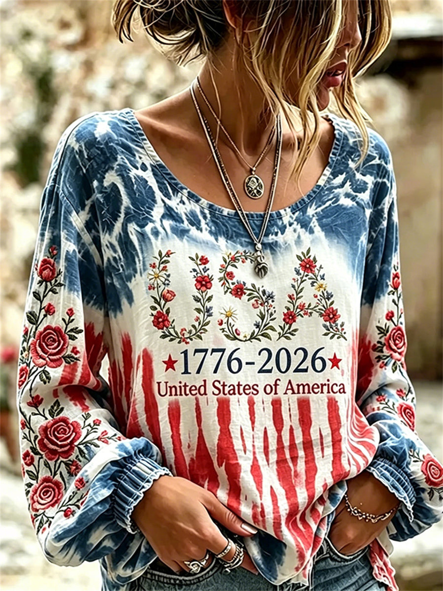 Women's USA 1776-2026 Floral Art Print American Flag Tie Dye Cotton-Linen Shirt