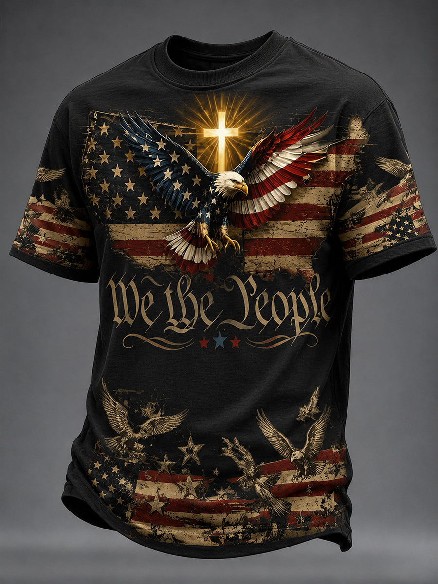 Men's  Vintage Independence Day American Flag Eagle Art Print T-shirt