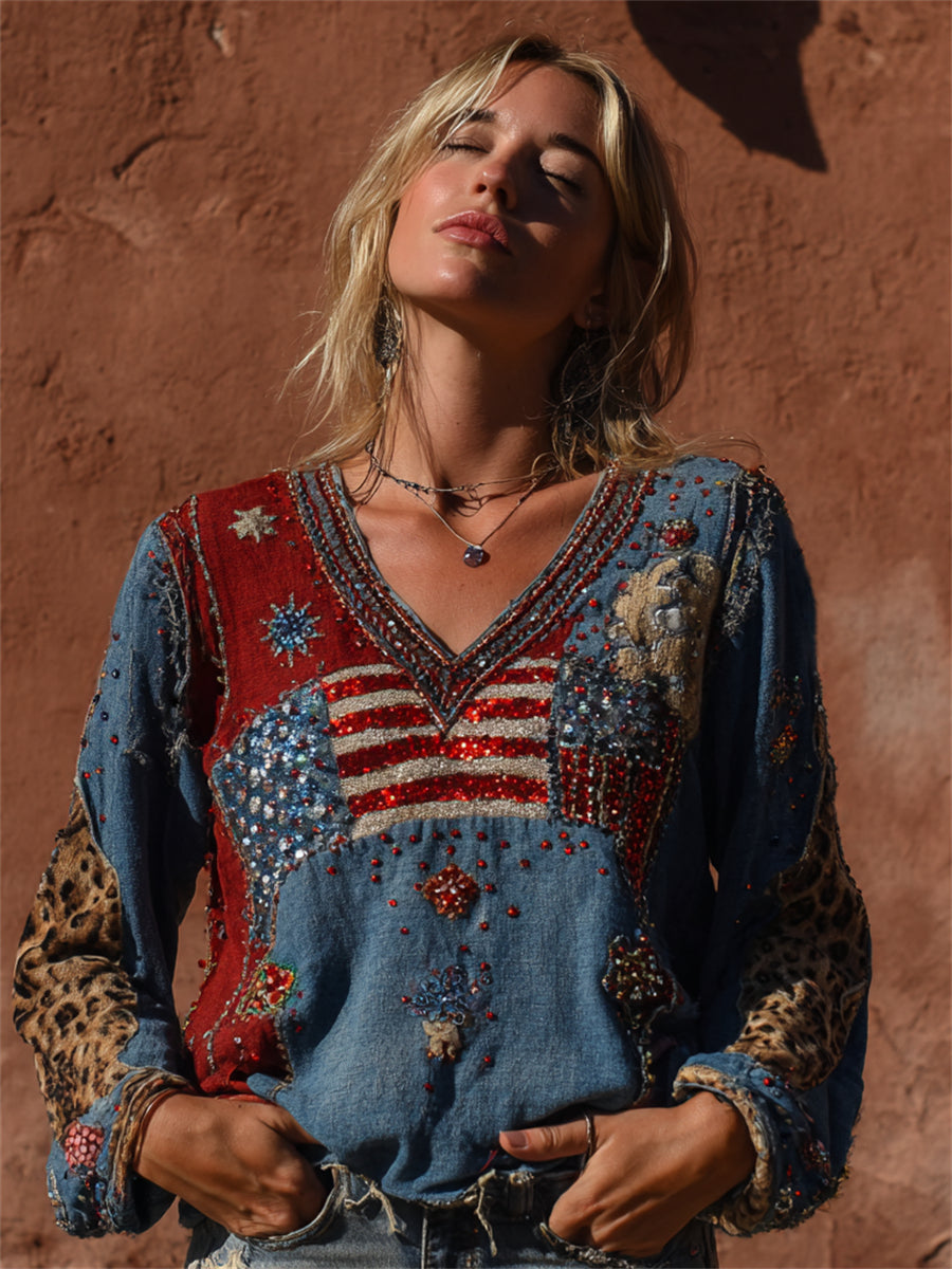 Women's Vintage Boho American Flag Leopard Glitter Art Print Cotton-Linen Shirt