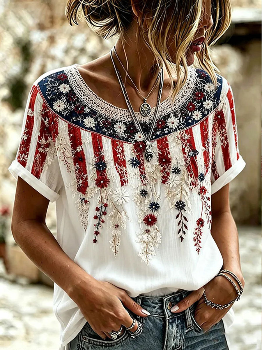 Women's American Flag Floral Print Casual T-Shirt