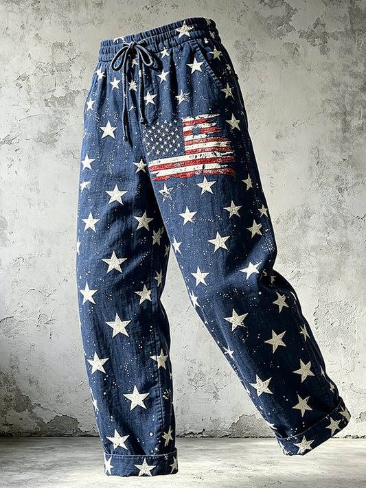 Men's American Flag Stars Art Printed Cotton and Hemp Pants