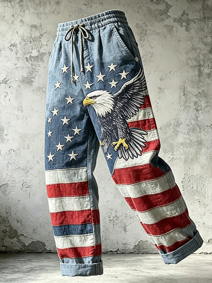 Men's American Flag Eagle Art Printed Cotton and Hemp Pants