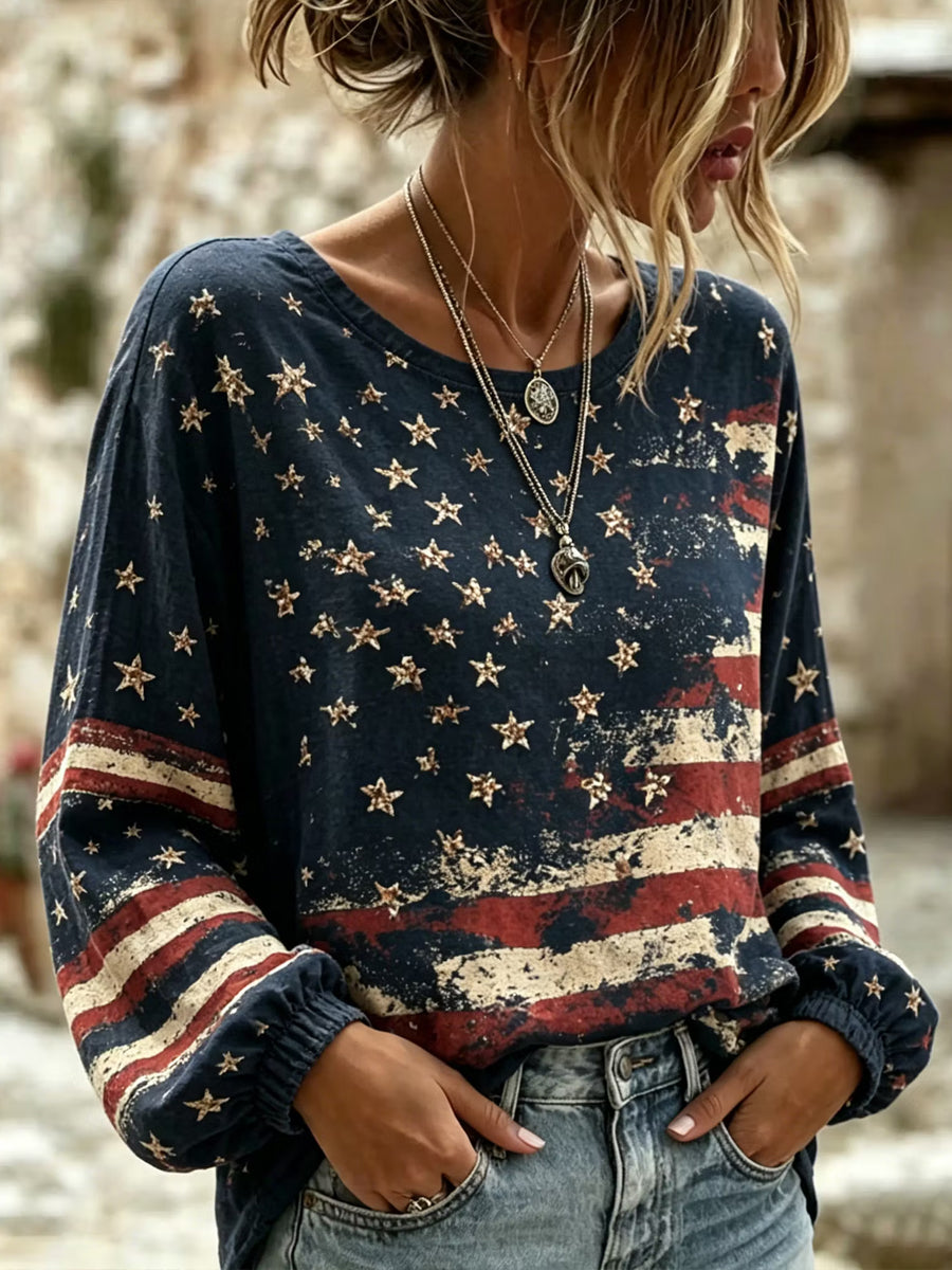 Women's Vintage Independence Day USA Flag Art Cotton-Linen Shirt