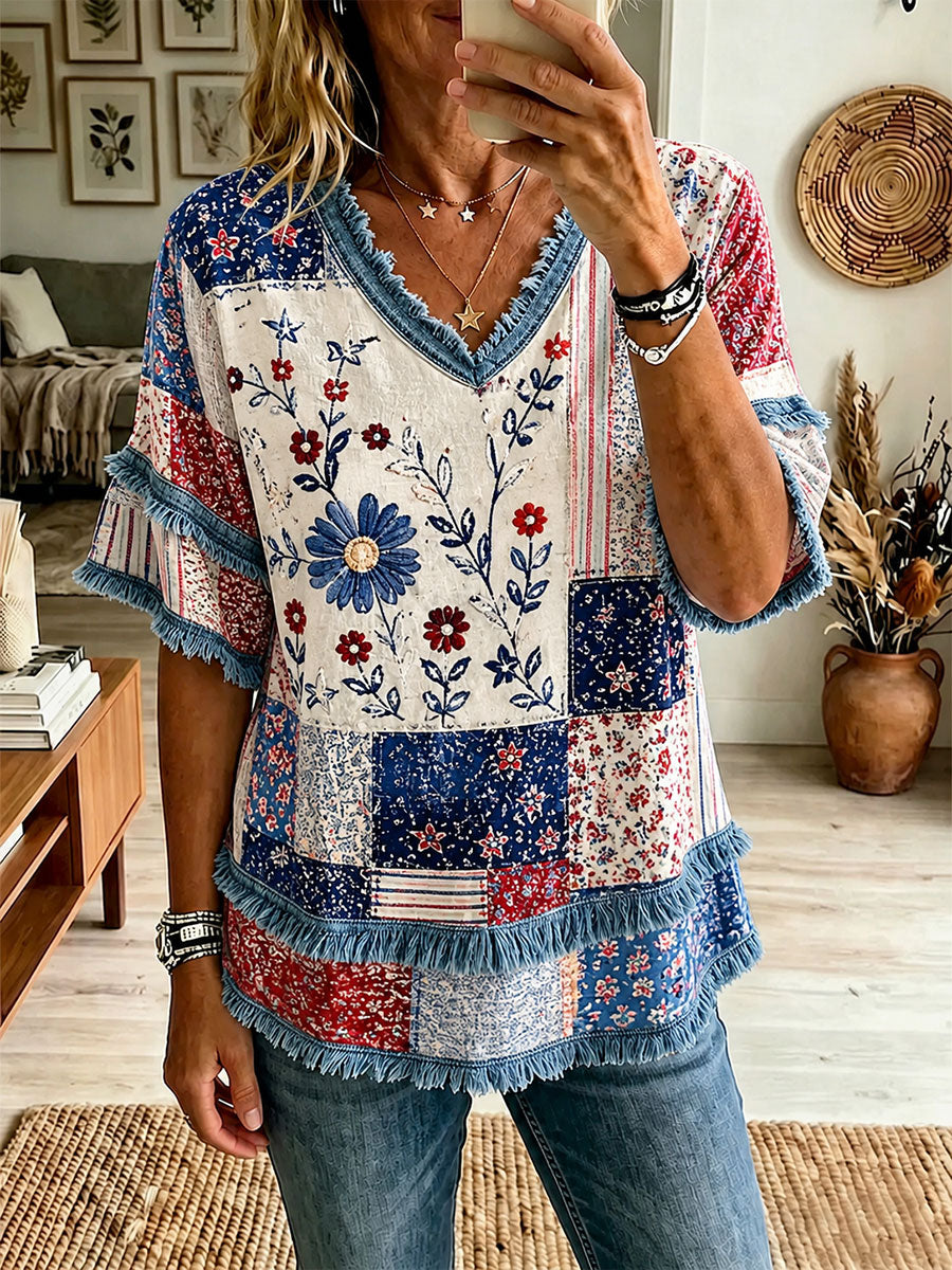 Women's Red, White, and Blue Floral Print Casual T-Shirt