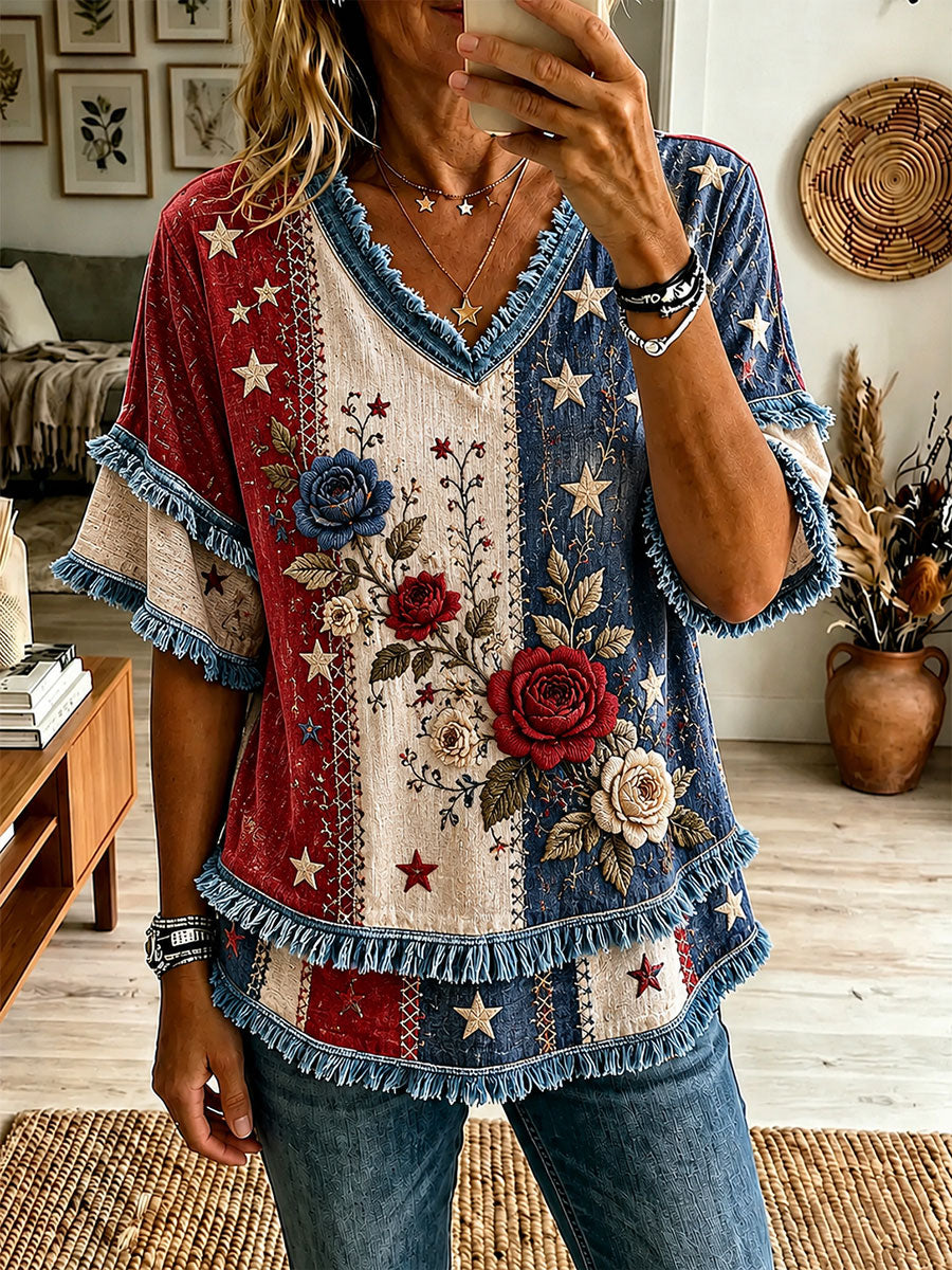 Women's Red, White, and Blue Floral Print Casual T-Shirt