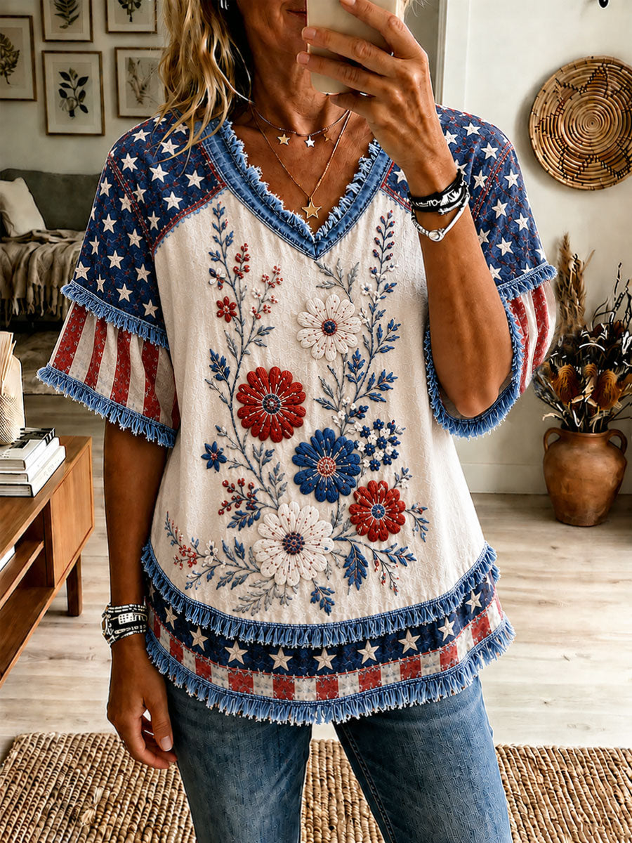 Women's Red, White, and Blue Floral Print Casual T-Shirt