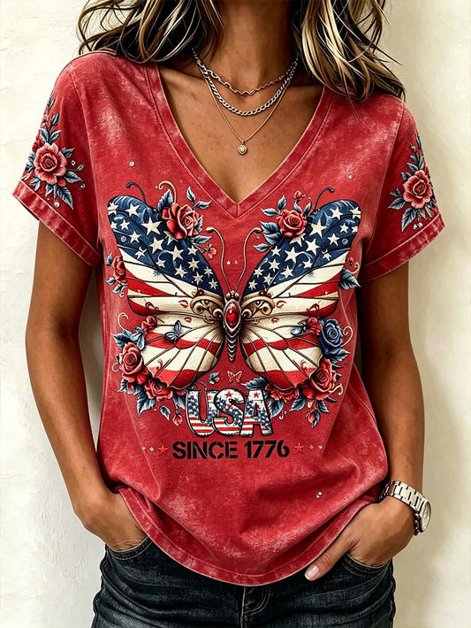 Women's retro American flag element design printed short-sleeved T-shirt