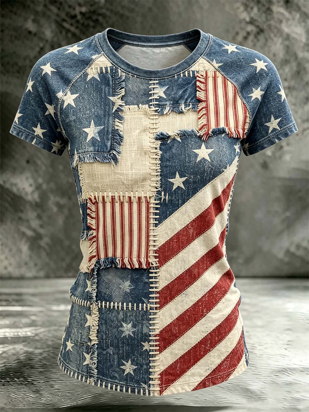 Women's retro American flag element design printed  round neck short sleeve T-shirt
