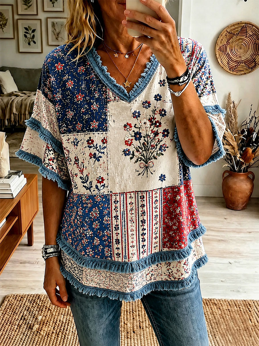 Women's Red, White, and Blue Floral Print Casual T-Shirt