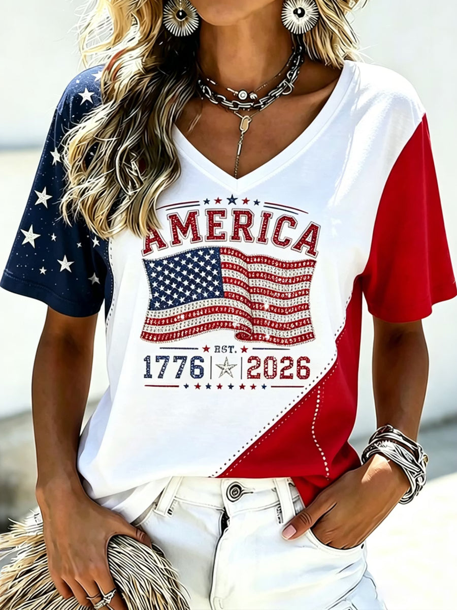 Women's Independence Day American Flag  Art V-neck T-shirt