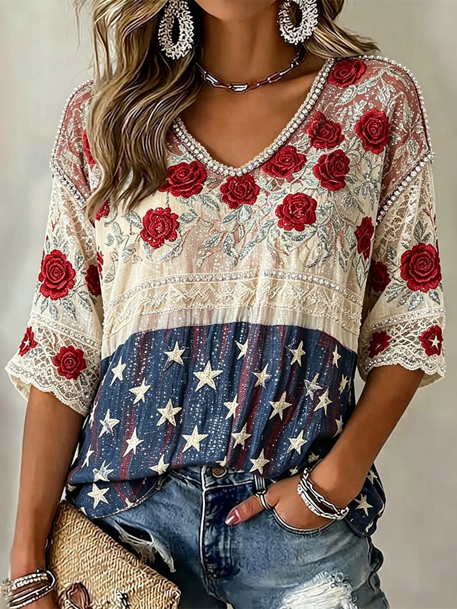 Women's American Flag Inspired Roses Print Mid-length Sleeves V-Neck T-Shirt