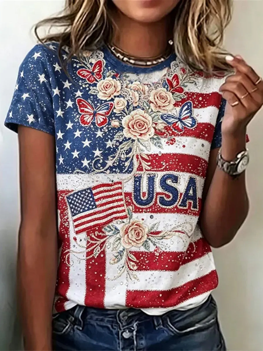 Women's American Flag Floral Butterfly Print Short-sleeved T-shirt