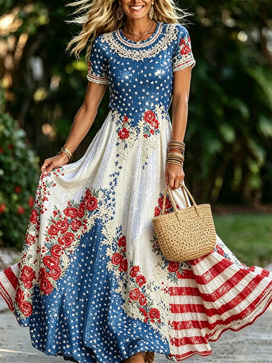 Women's Vintage American Flag Inspired Floral Print Flowy Maxi Dress