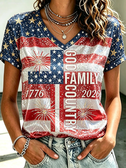 Women's American FLag Inspired Cross Glitter Art Print Short-sleeved T-shirt