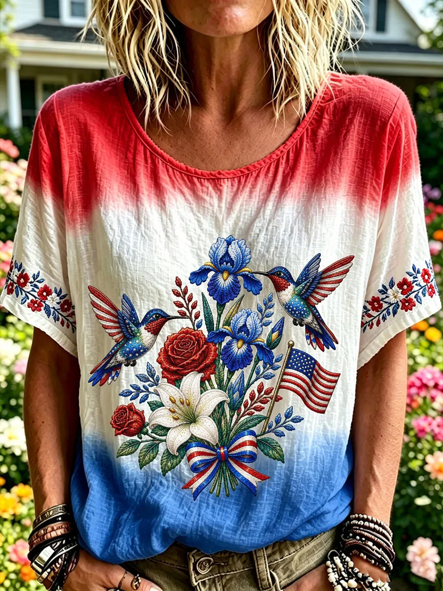 Women's Independence Day American Flag Hummingbird Art Linen short-sleeved Top