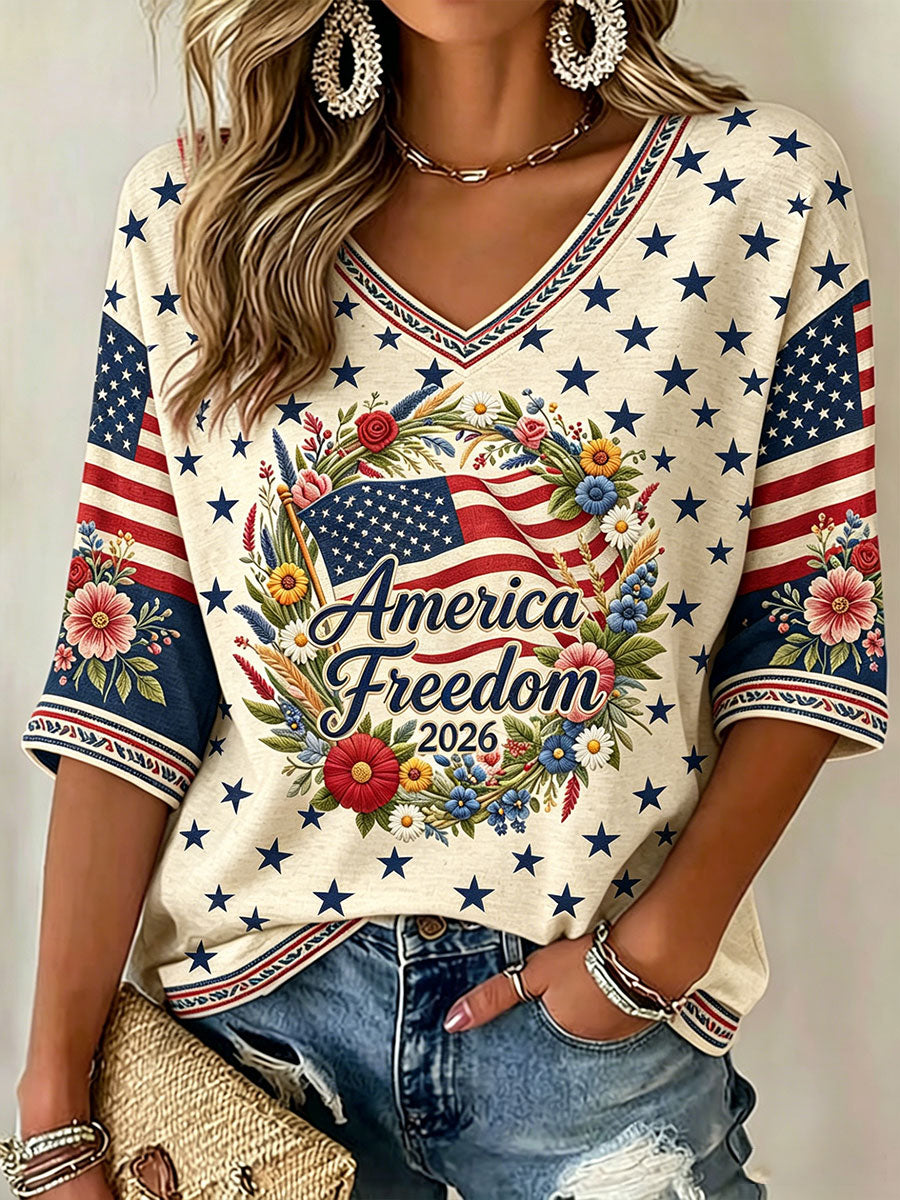 Women's American Independence Day "Freedom" Wreath Casual Waffle T-shirt