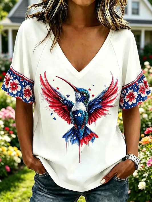 Women's Independence Day American Flag Hummingbird Art  Short Sleeve T-Shirt