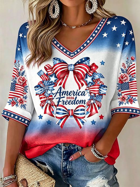 Women's American Independence Day "Freedom" Wreath Casual Waffle T-shirt