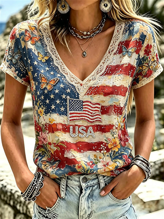 Women's Classy USA American Flag Butterflies Floral Print linen short-sleeved T-shirt