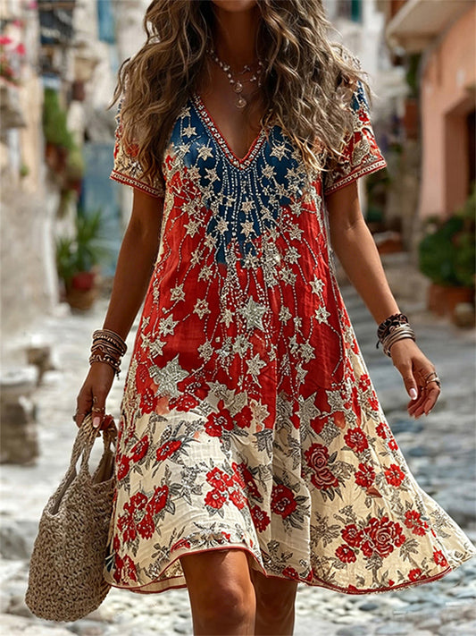 Women's Elegant American Flag Inspired Floral Print Flowy Linen Dress