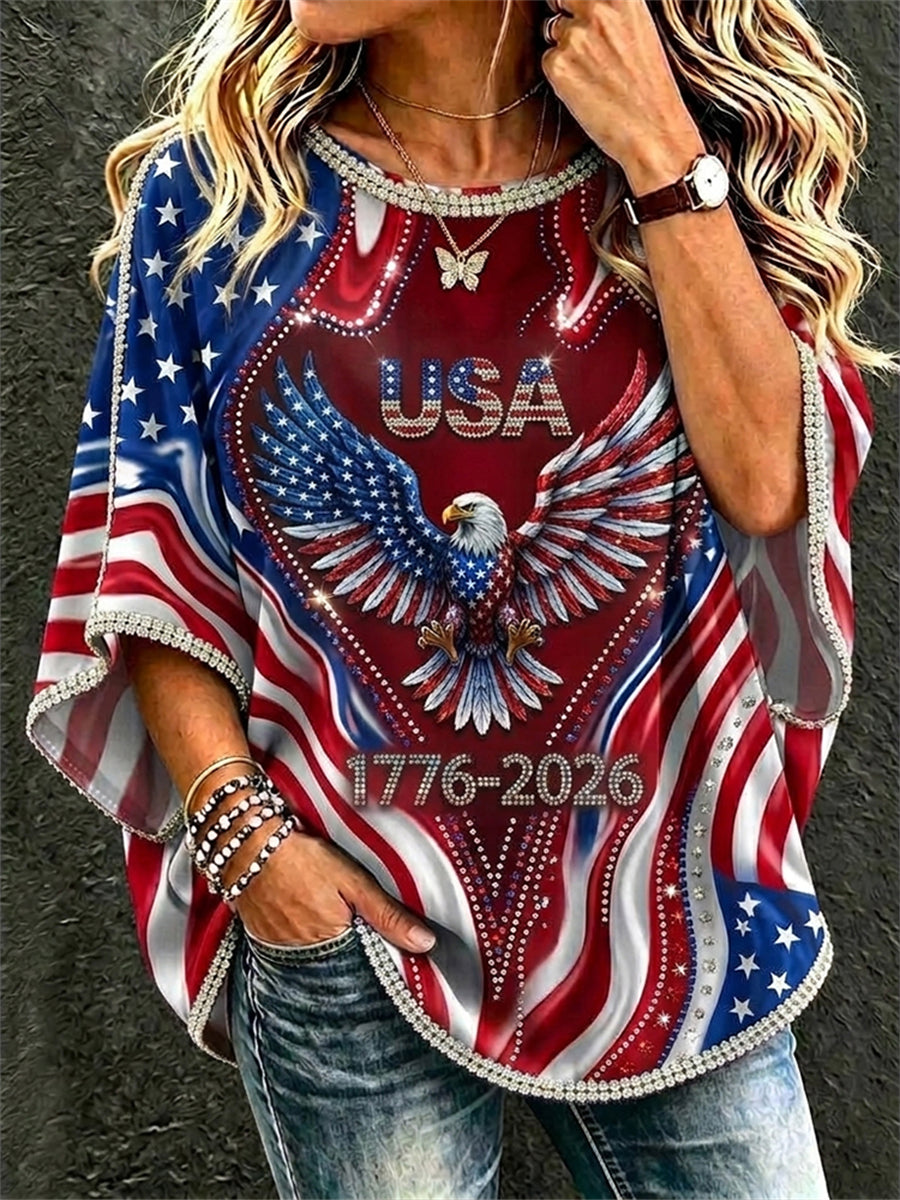 Women's USA 1776-2026 Eagle & Flag Classy Print Bat Sleeve Shirt